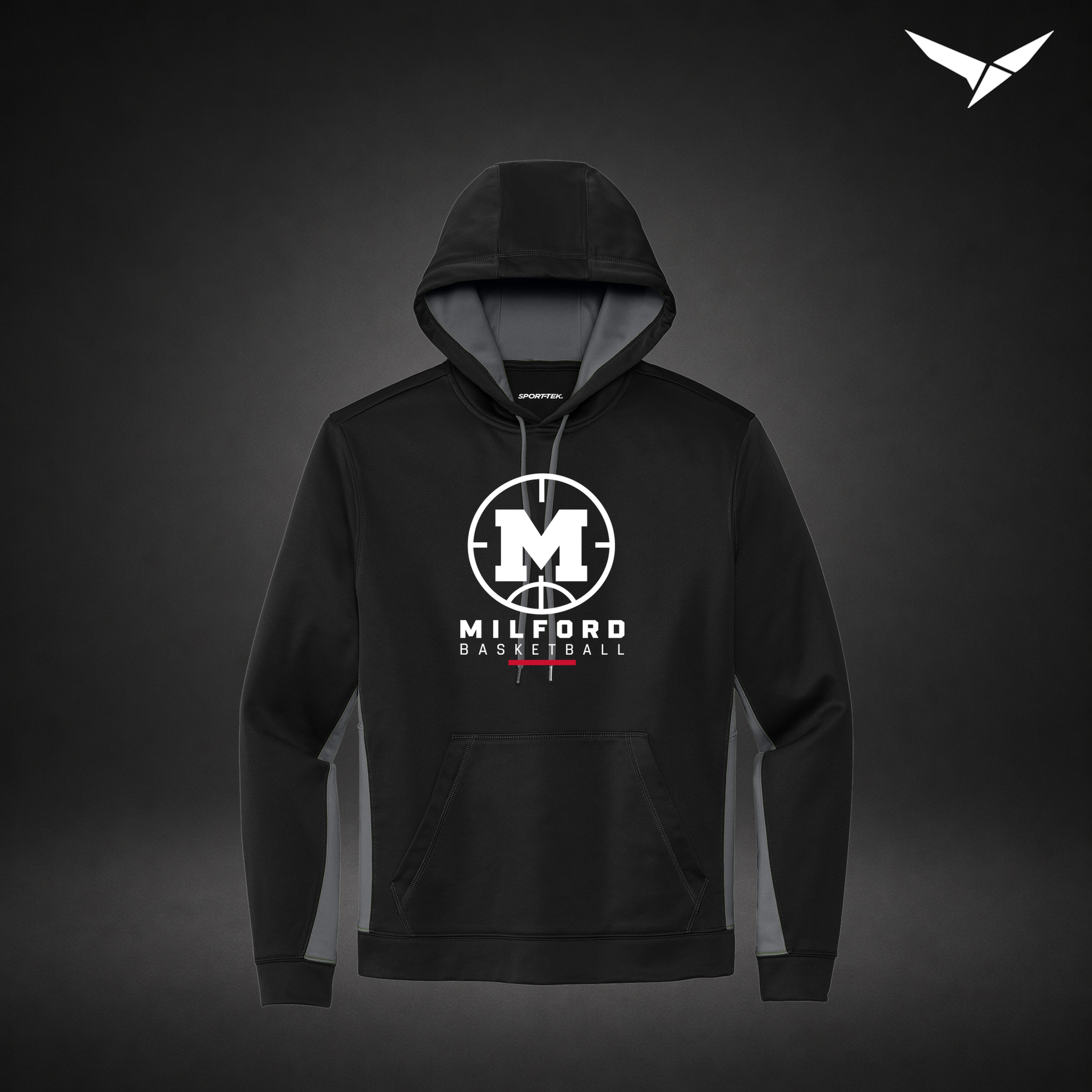 Milford Basketball Courtside – Colorblock Hoodie — Black Grey — Front