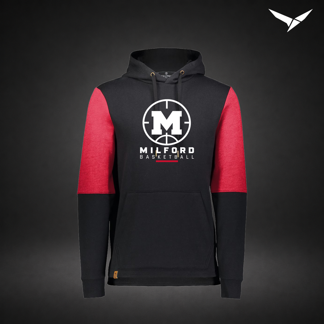 Milford Basketball Courtside – All-American Hoodie — Black Scarlet — Front