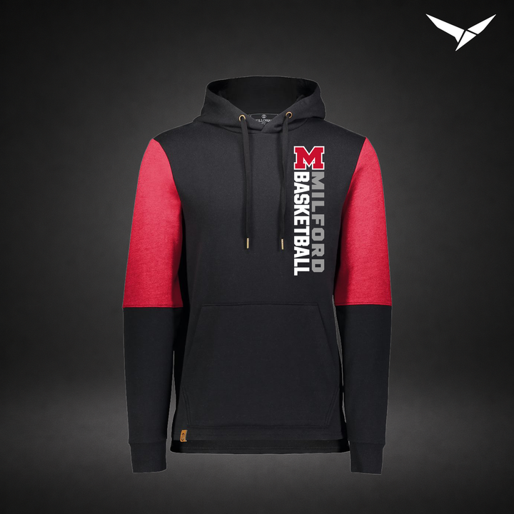 Milford Basketball Crossover – All-American Hoodie — Black Scarlet — Front
