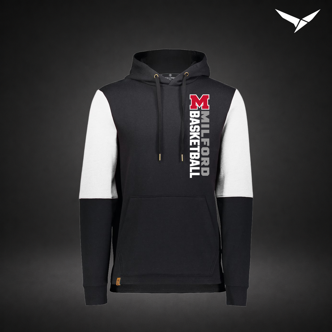 Milford Basketball Crossover – All-American Hoodie — Black White — Front