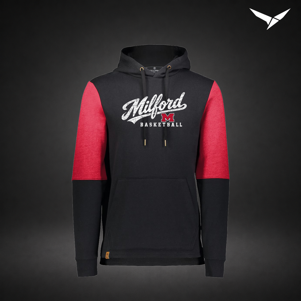 Milford Basketball Hardwood – All-American Hoodie — Black Scarlet — Front