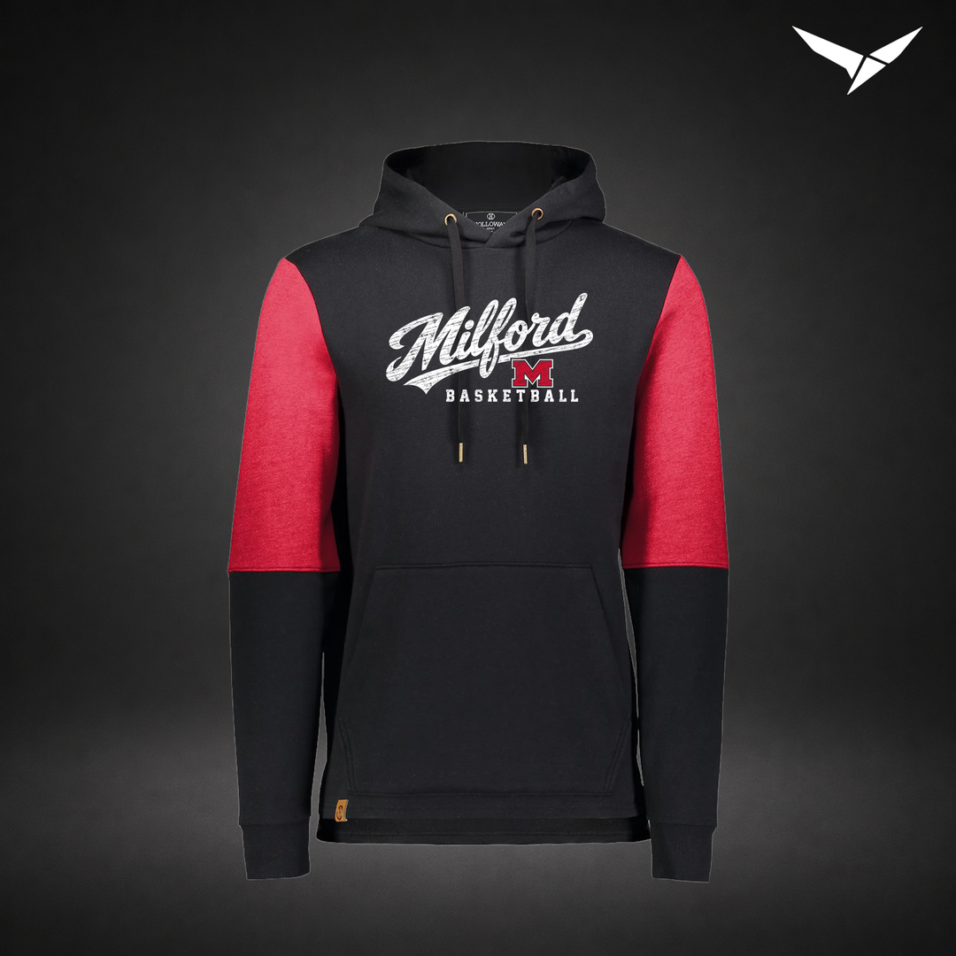 Milford Basketball Hardwood – All-American Hoodie — Black Scarlet — Front