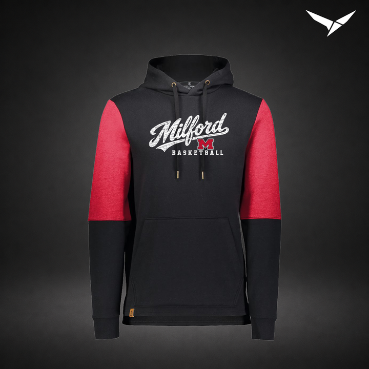 Milford Basketball Hardwood – All-American Hoodie — Black Scarlet — Front