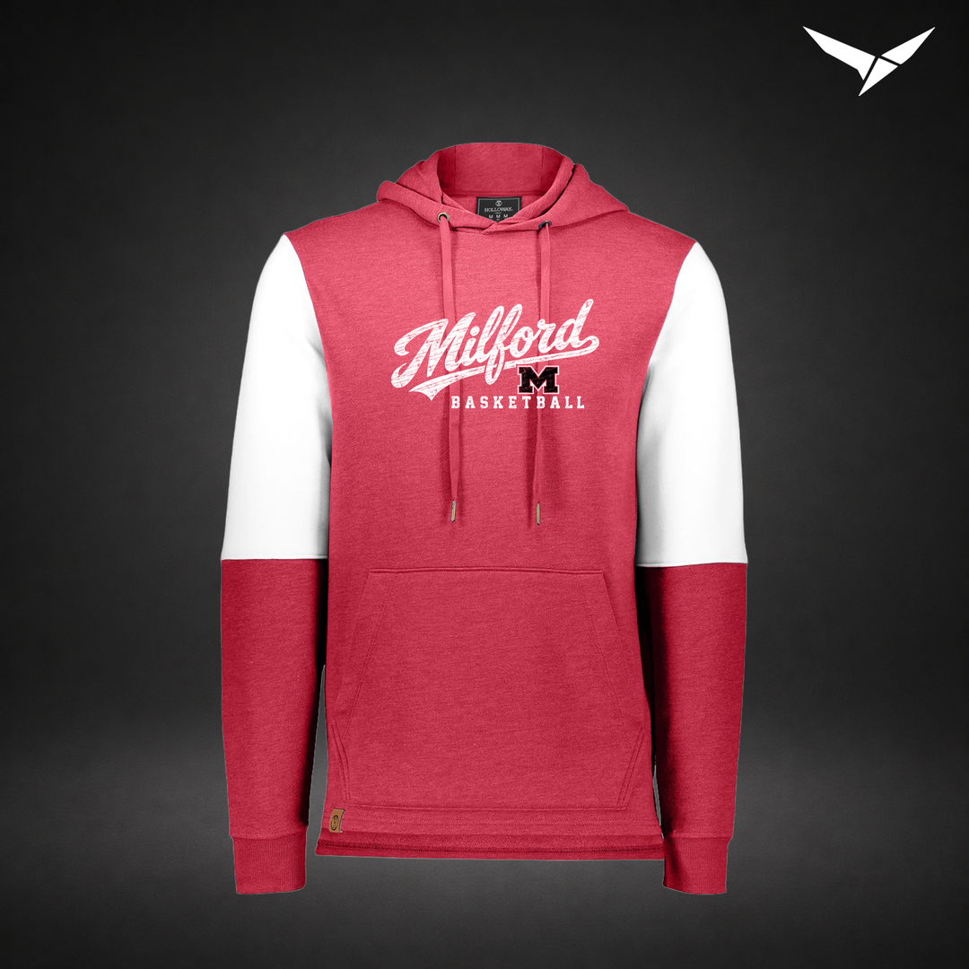 Milford Basketball Hardwood – All-American Hoodie — Scarlet White — Front