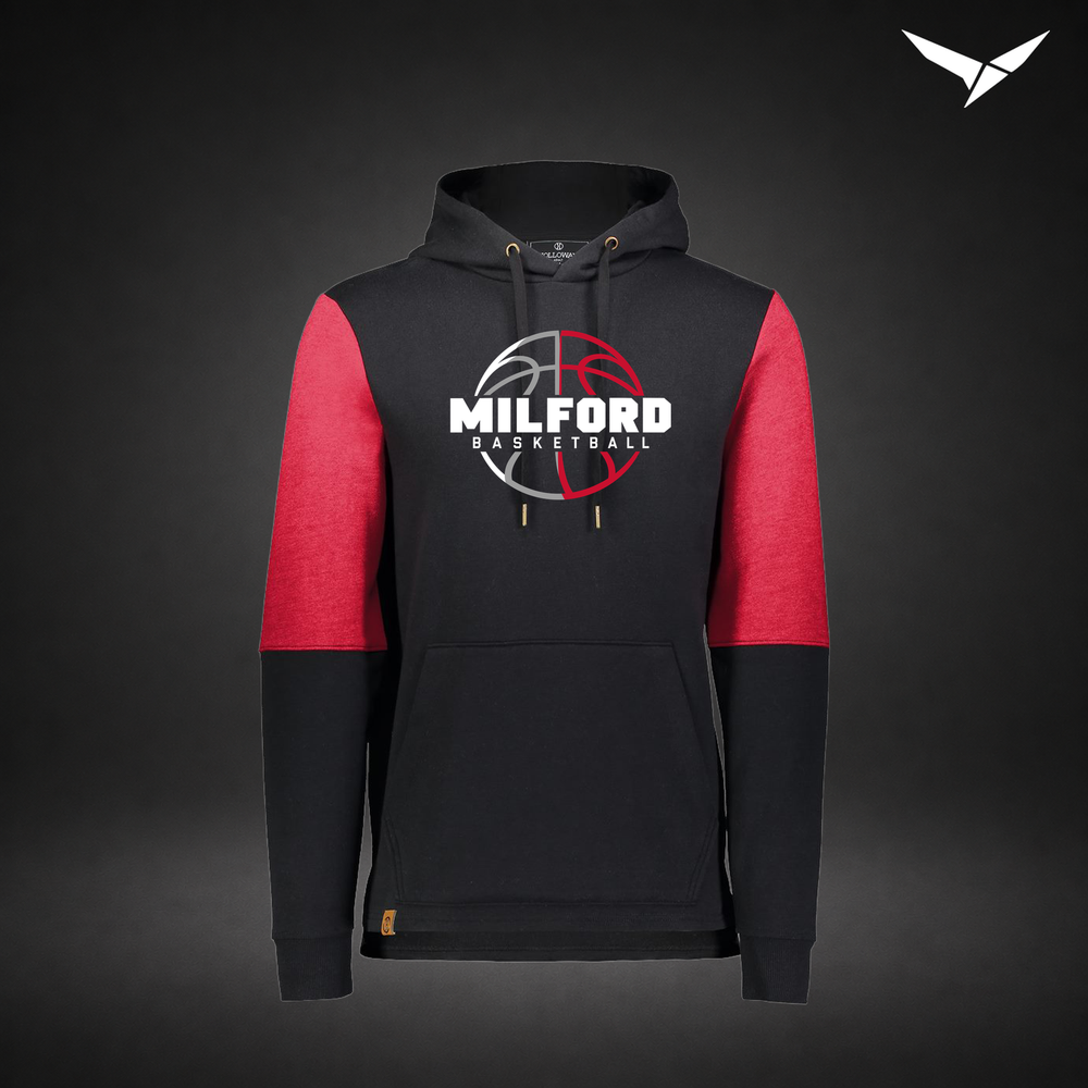 Milford Basketball Next Gen – All-American Hoodie — Black Scarlet — Front