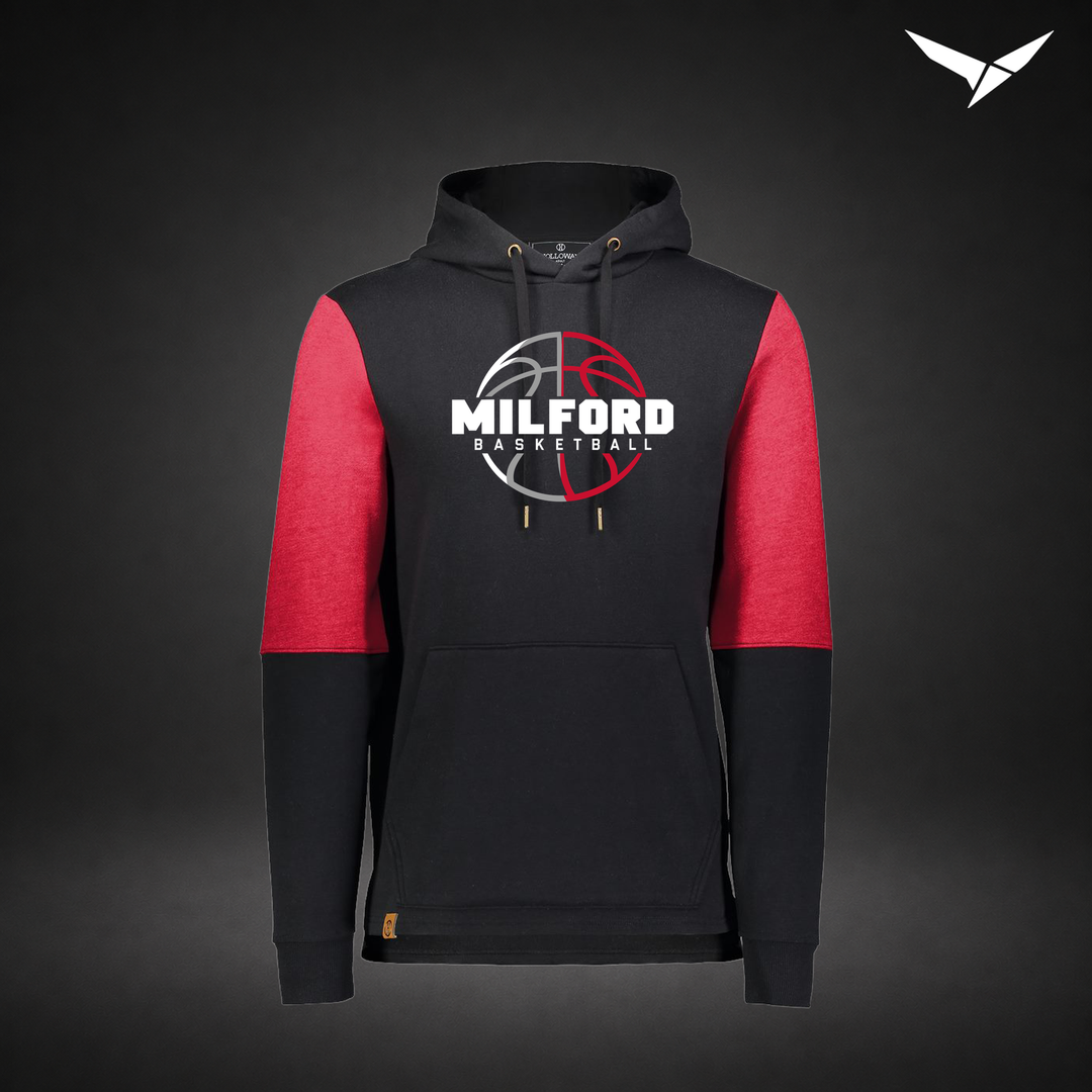 Milford Basketball Next Gen – All-American Hoodie — Black Scarlet — Front