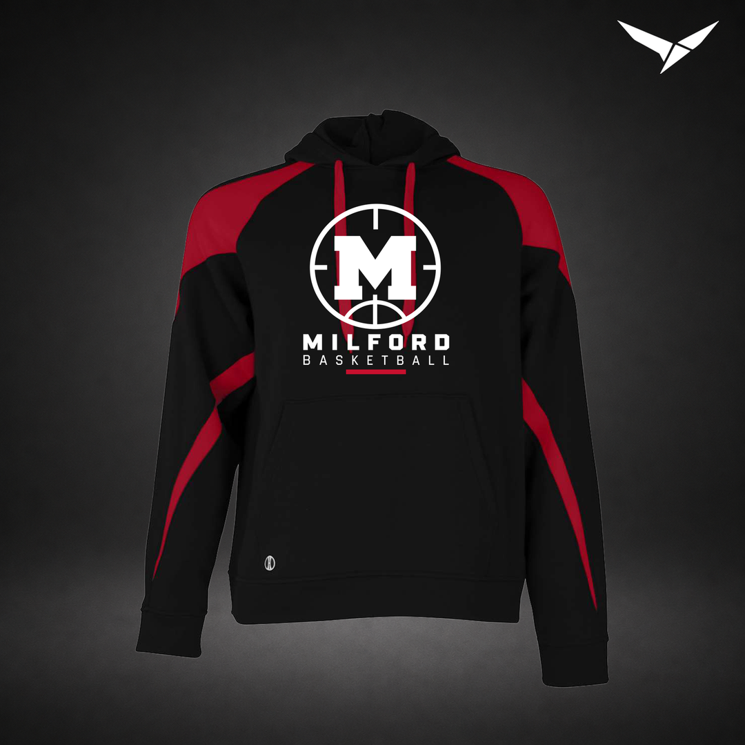 Milford Basketball Courtside – Varsity Colorblock Hoodie — Black Red — Front