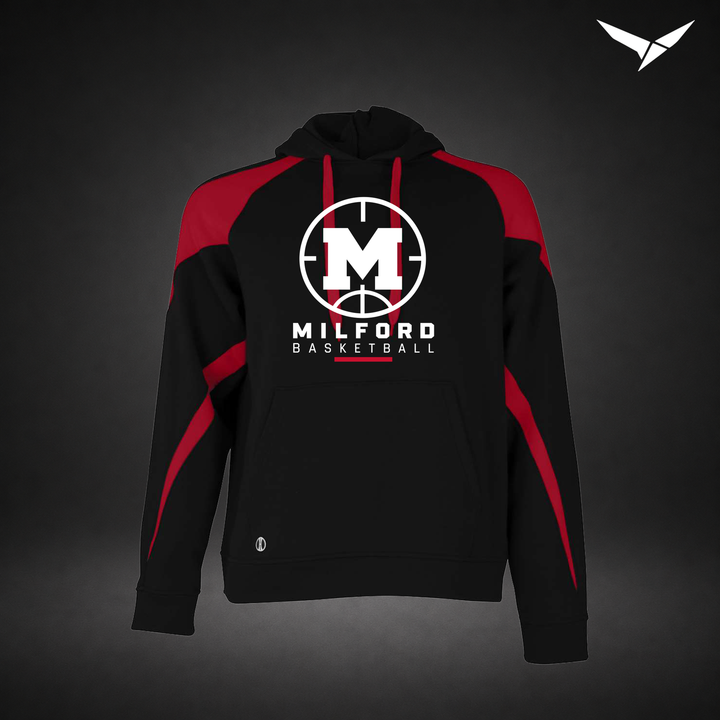 Milford Basketball Courtside – Varsity Colorblock Hoodie — Black Red — Front