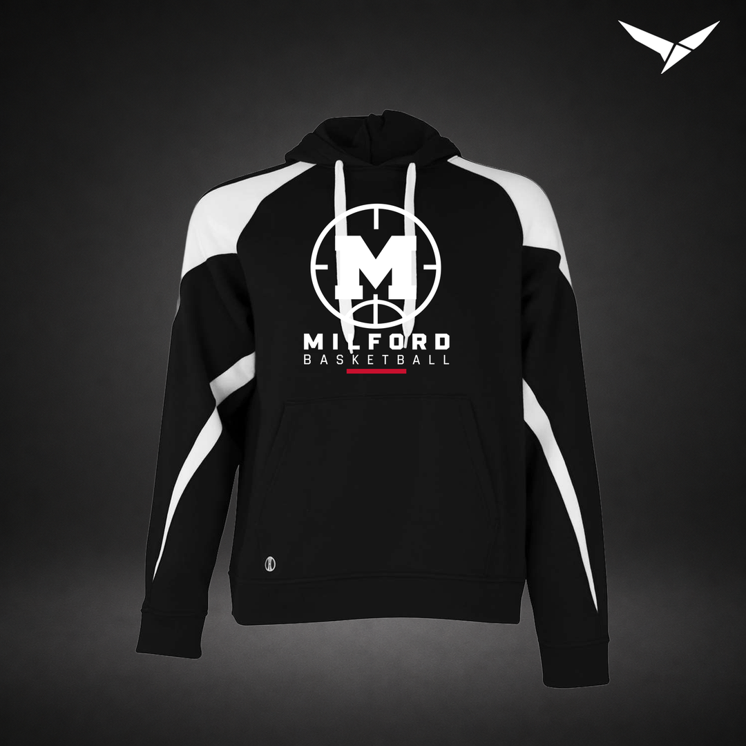 Milford Basketball Courtside – Varsity Colorblock Hoodie — Black White — Front