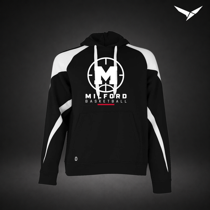 Milford Basketball Courtside – Varsity Colorblock Hoodie — Black White — Front