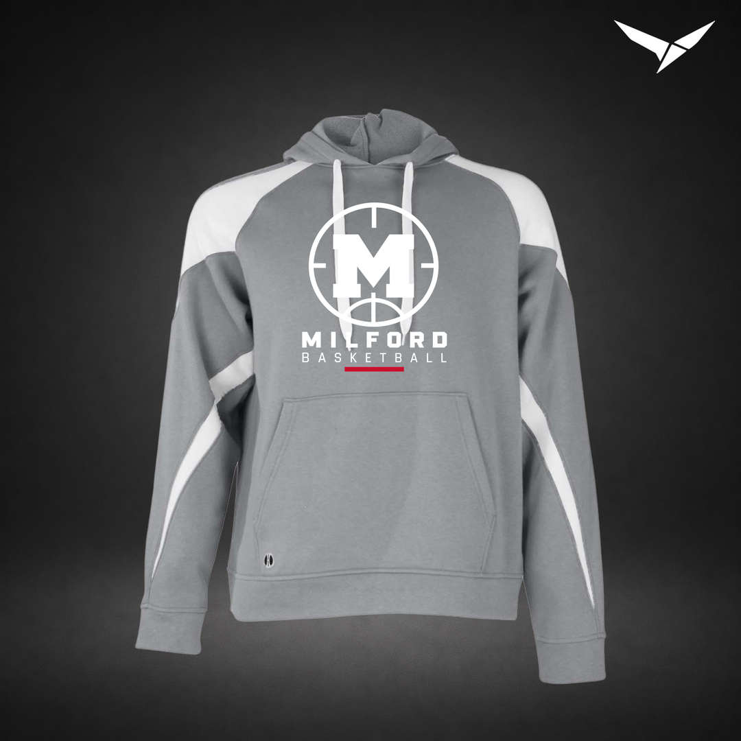 Milford Basketball Courtside – Varsity Colorblock Hoodie — Charcoal White — Front