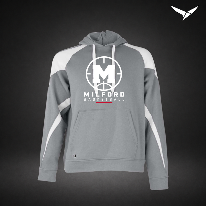 Milford Basketball Courtside – Varsity Colorblock Hoodie — Charcoal White — Front