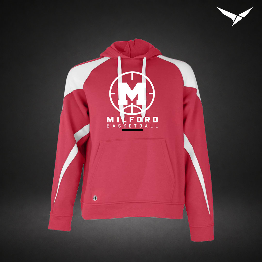 Milford Basketball Courtside – Varsity Colorblock Hoodie — Scarlet White — Front