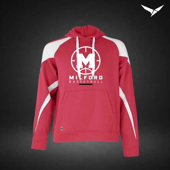Milford Basketball Courtside – Varsity Colorblock Hoodie — Scarlet White — Front
