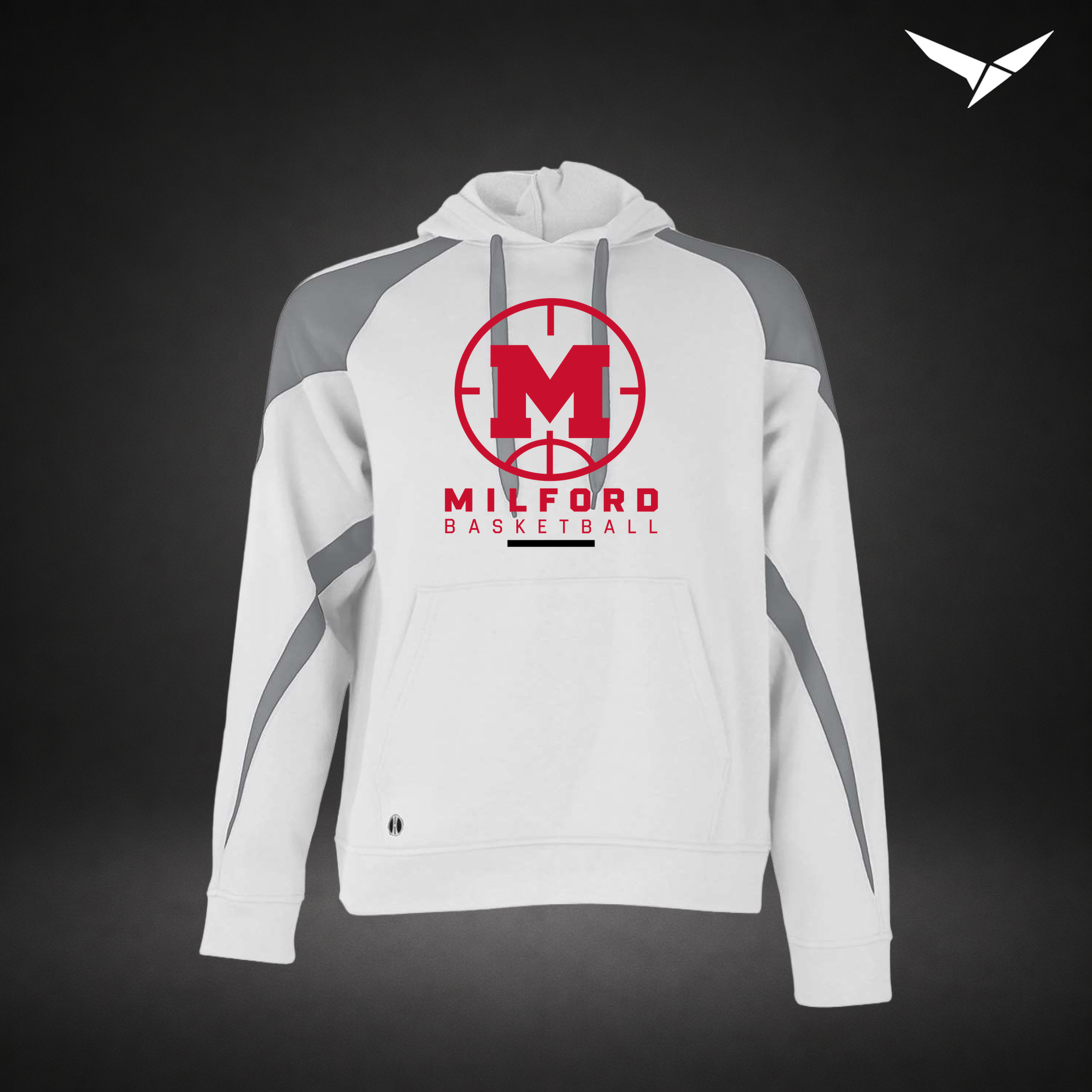 Milford Basketball Courtside – Varsity Colorblock Hoodie — White Charcoal — Front