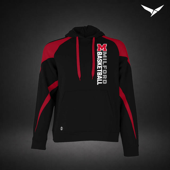 Milford Basketball Crossover – Varsity Colorblock Hoodie — Black Red — Front