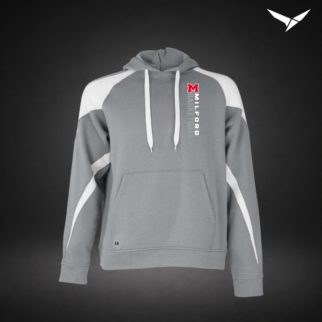 Milford Basketball Crossover – Varsity Colorblock Hoodie — Charcoal White — Front