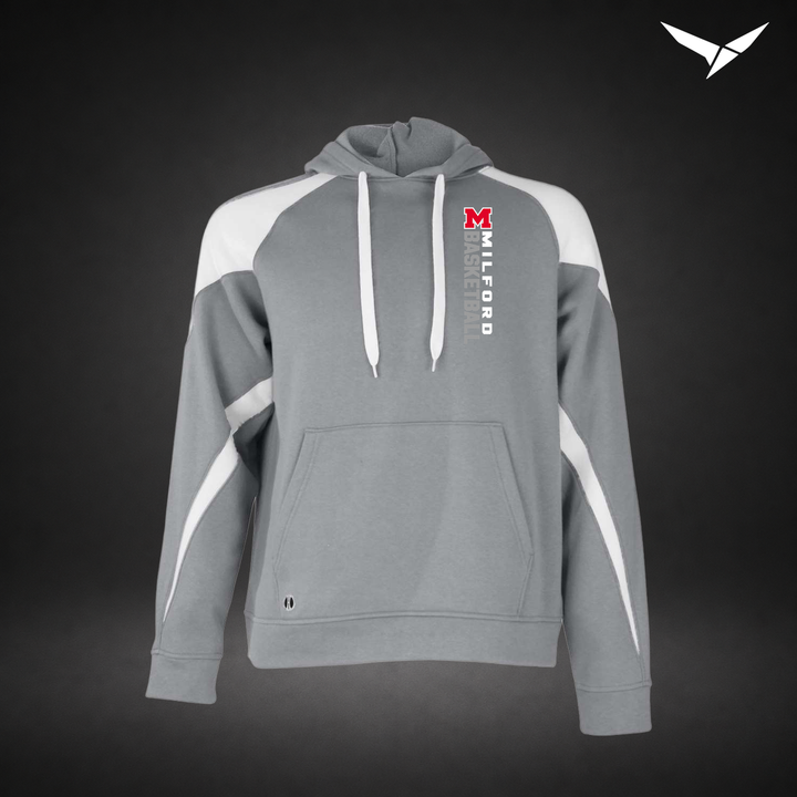Milford Basketball Crossover – Varsity Colorblock Hoodie — Charcoal White — Front