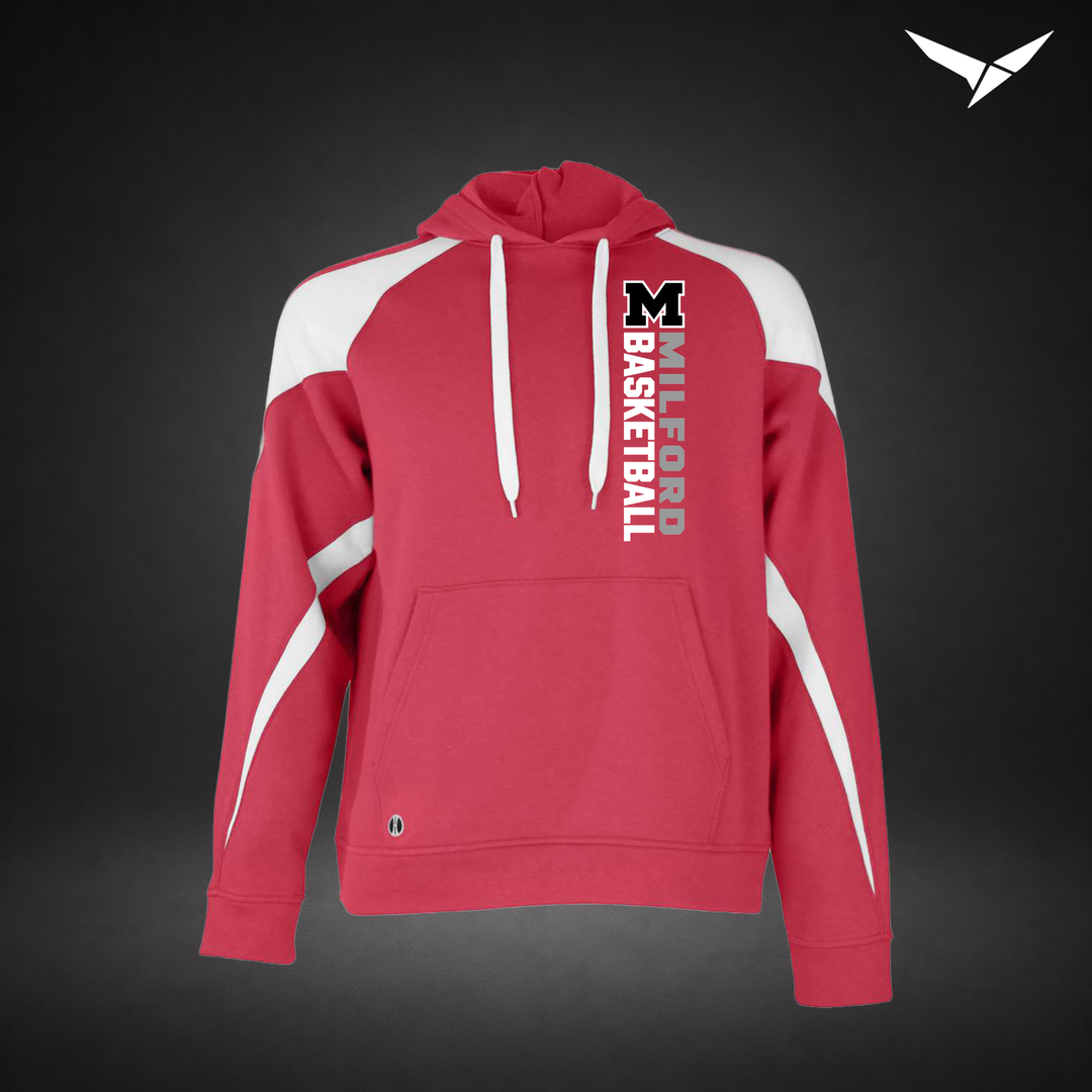 Milford Basketball Crossover – Varsity Colorblock Hoodie — Scarlet White — Front