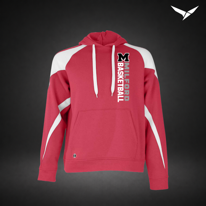 Milford Basketball Crossover – Varsity Colorblock Hoodie — Scarlet White — Front