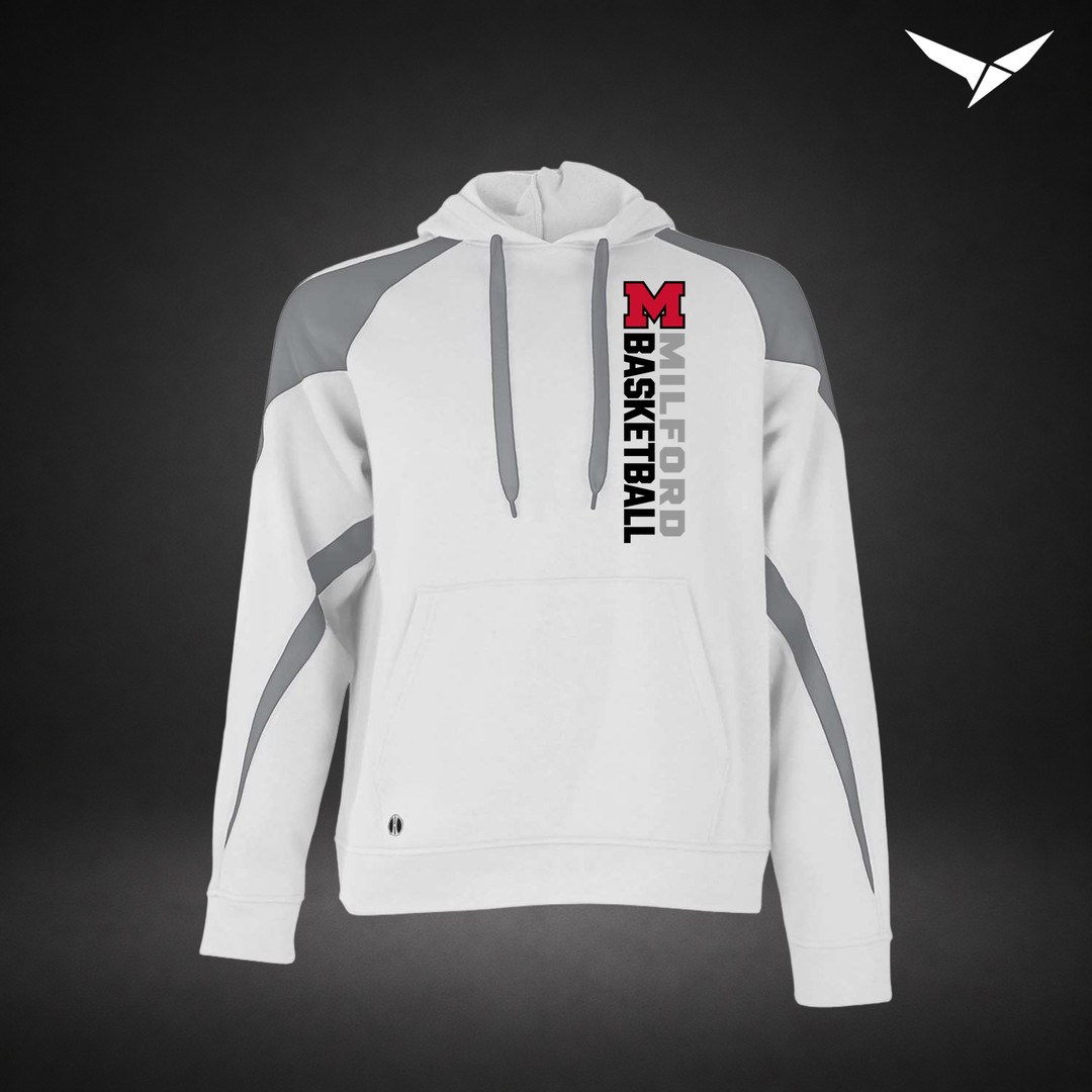 Milford Basketball Crossover – Varsity Colorblock Hoodie — White Charcoal — Front
