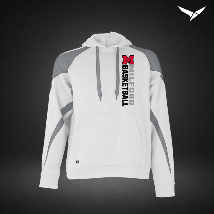 Milford Basketball Crossover – Varsity Colorblock Hoodie — White Charcoal — Front
