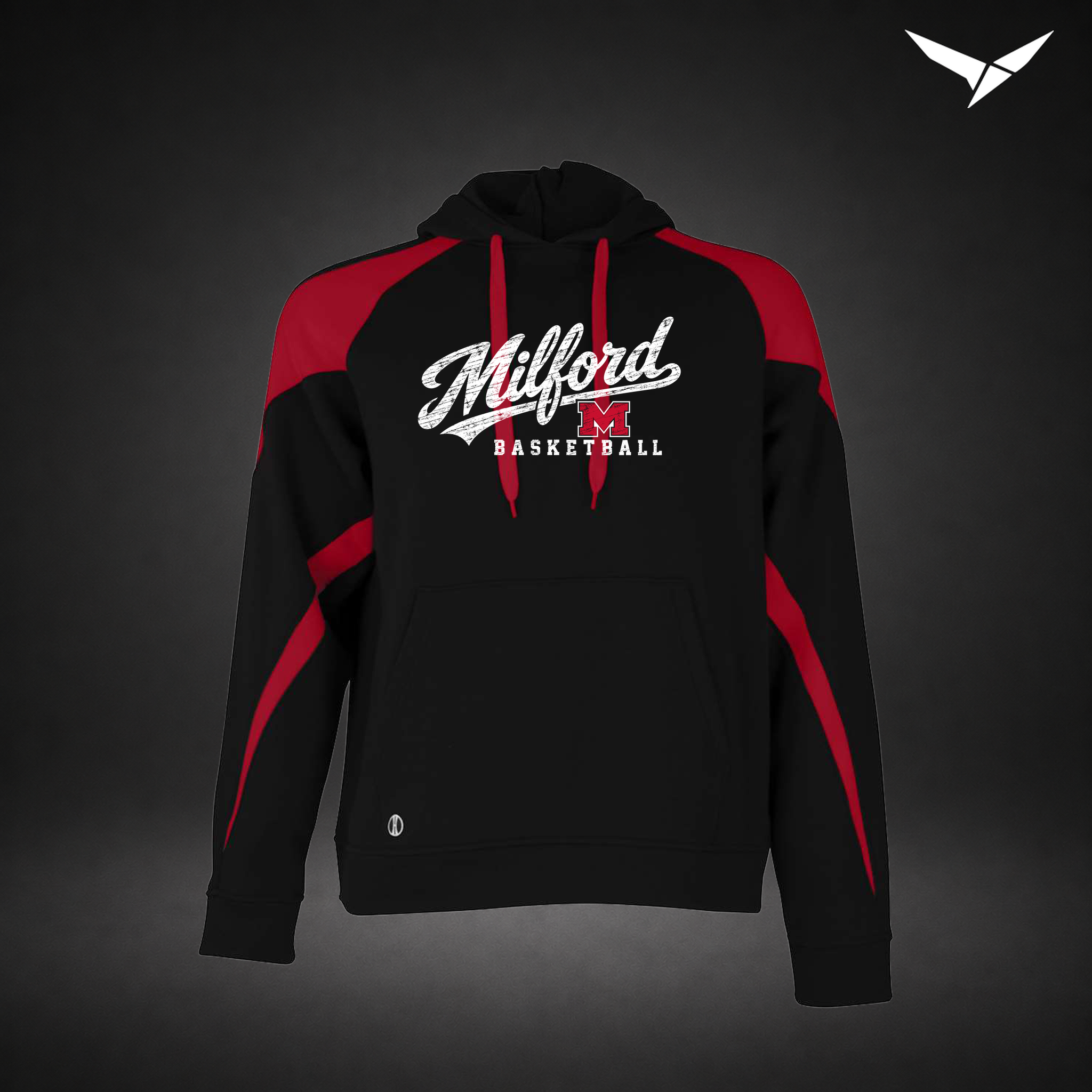 Milford Basketball Hardwood – Varsity Colorblock Hoodie — Black Red — Front