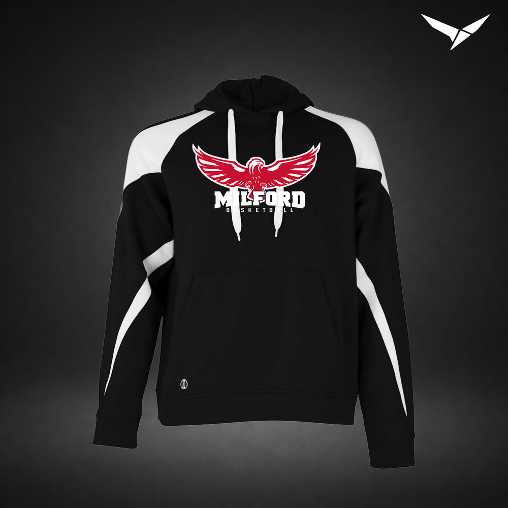 Milford Basketball Sixth Man – Varsity Colorblock Hoodie — Black White — Front