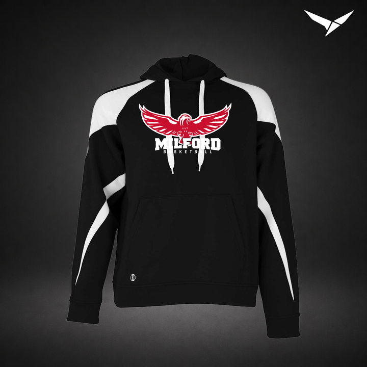 Milford Basketball Sixth Man – Varsity Colorblock Hoodie — Black White — Front