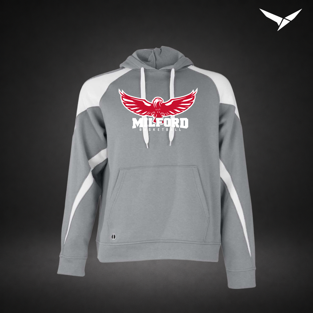Milford Basketball Sixth Man – Varsity Colorblock Hoodie — Charcoal White — Front