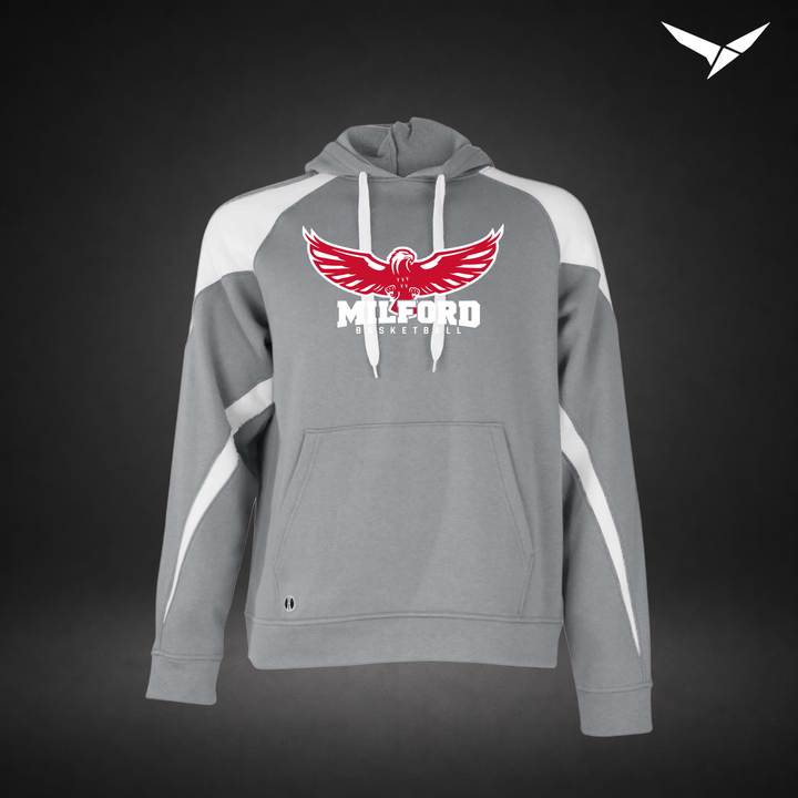 Milford Basketball Sixth Man – Varsity Colorblock Hoodie — Charcoal White — Front
