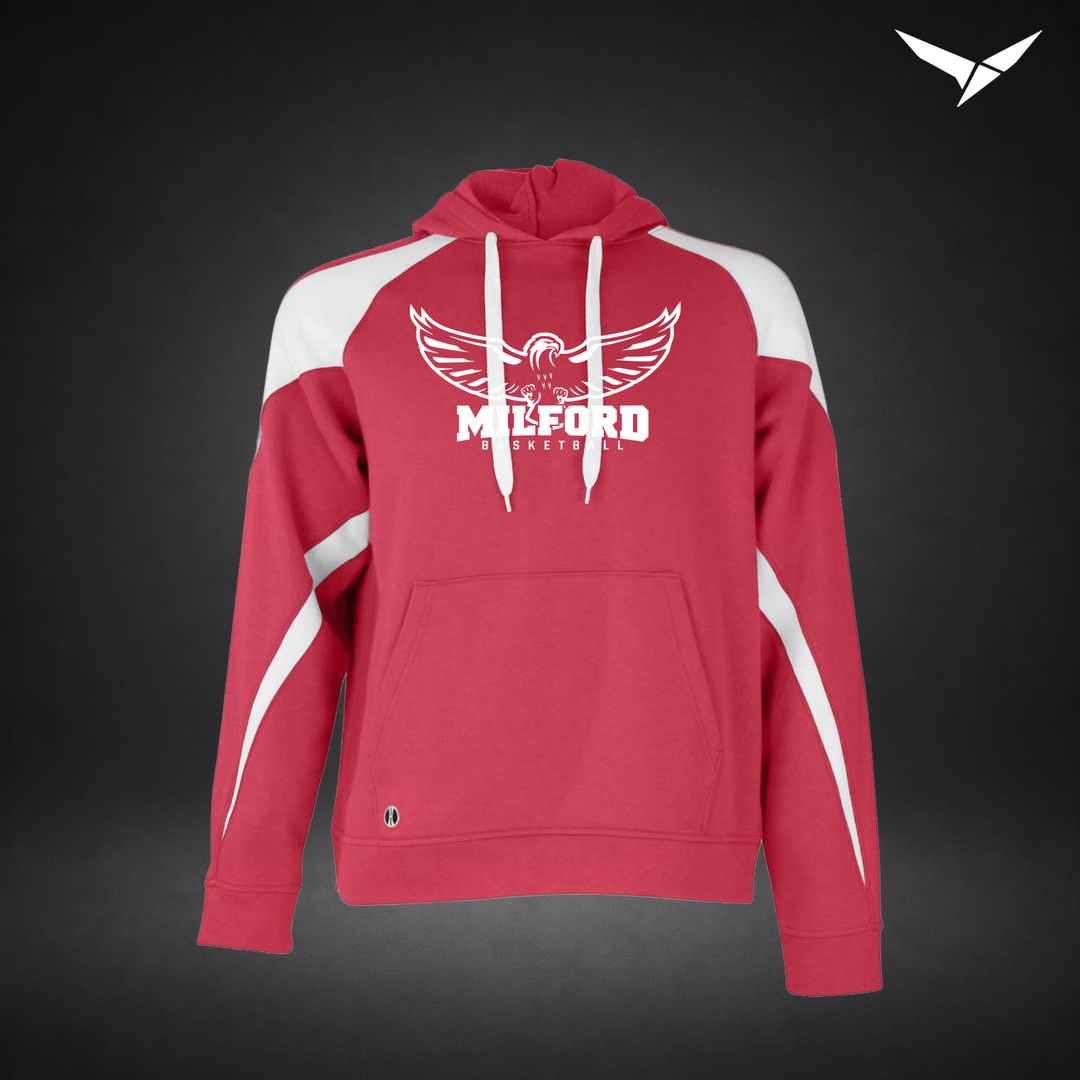 Milford Basketball Sixth Man – Varsity Colorblock Hoodie — Scarlet White — Front