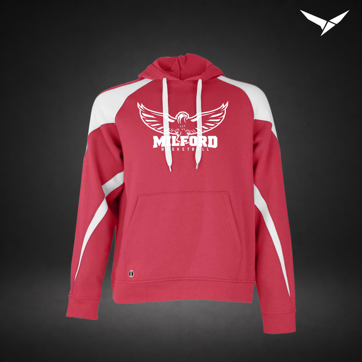 Milford Basketball Sixth Man – Varsity Colorblock Hoodie — Scarlet White — Front