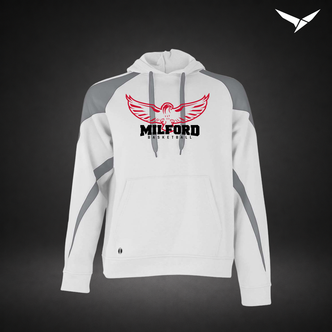 Milford Basketball Sixth Man – Varsity Colorblock Hoodie — White Charcoal — Front