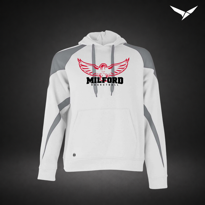 Milford Basketball Sixth Man – Varsity Colorblock Hoodie — White Charcoal — Front