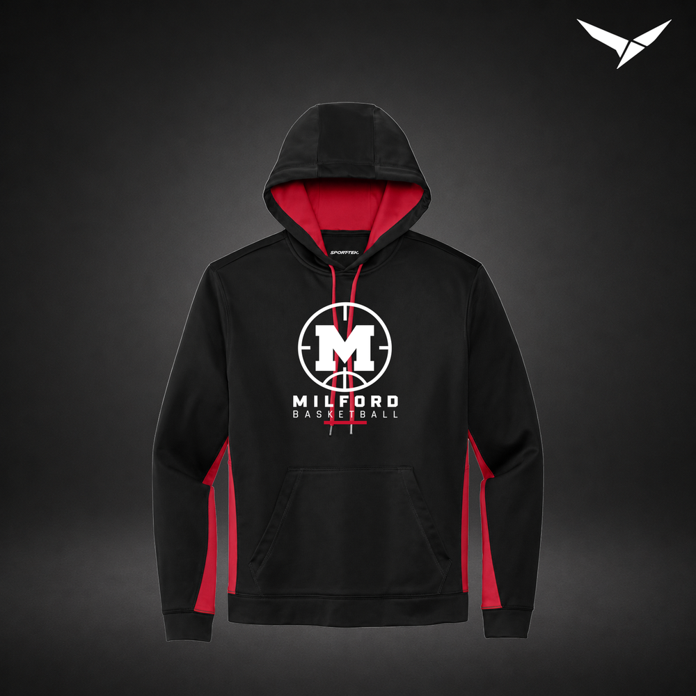 Milford Basketball Courtside – Colorblock Hoodie — Black Red — Front