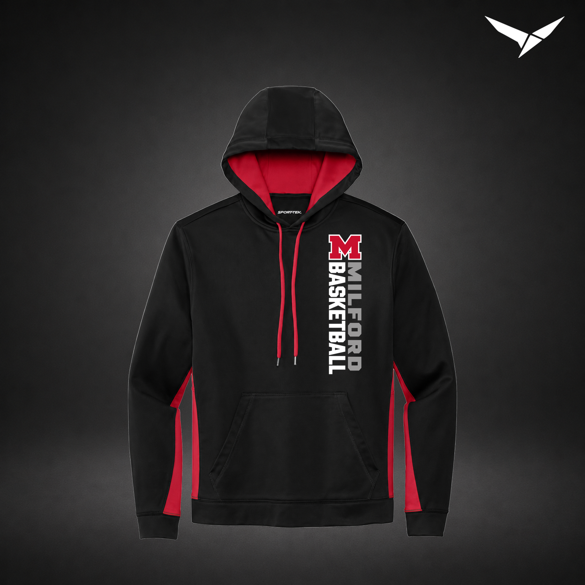 Milford Basketball Crossover – Colorblock Hoodie — Black Red — Front