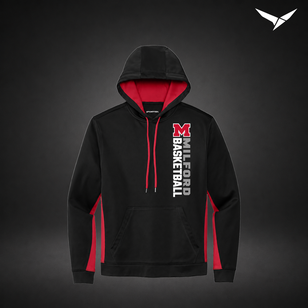 Milford Basketball Crossover – Colorblock Hoodie — Black Red — Front