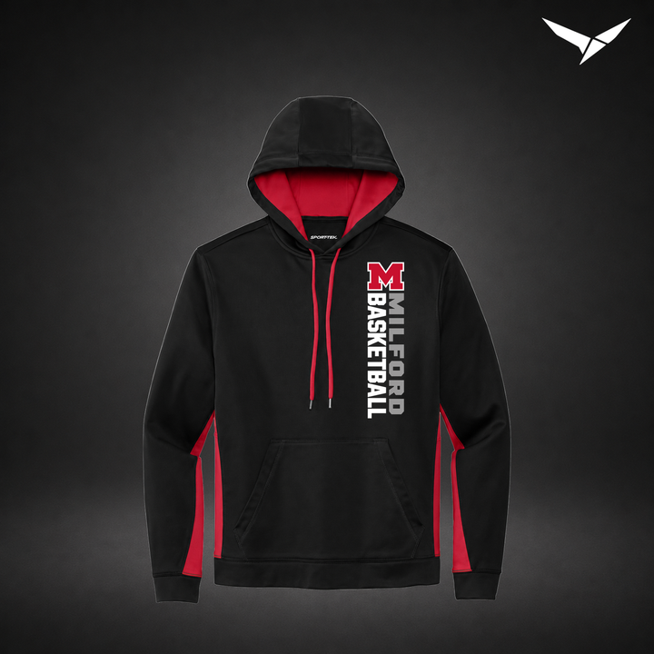 Milford Basketball Crossover – Colorblock Hoodie — Black Red — Front