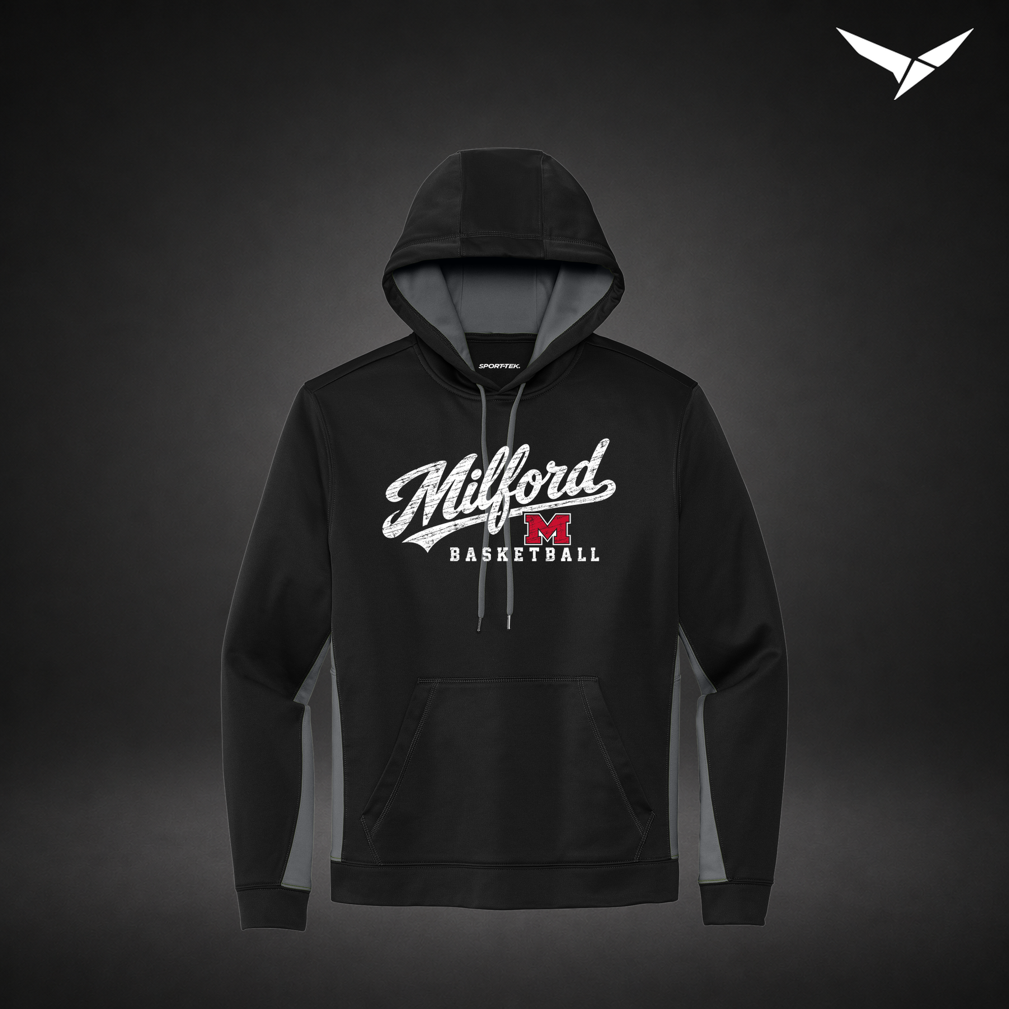 Milford Basketball Hardwood – Colorblock Hoodie — Black Grey — Front