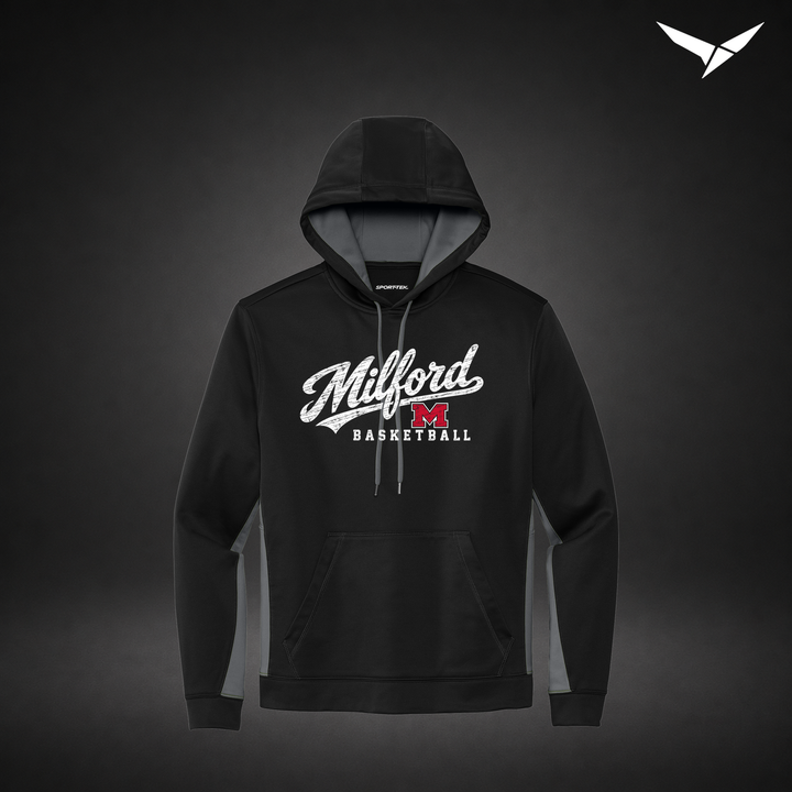 Milford Basketball Hardwood – Colorblock Hoodie — Black Grey — Front