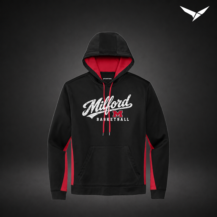 Milford Basketball Hardwood – Colorblock Hoodie — Black Red — Front