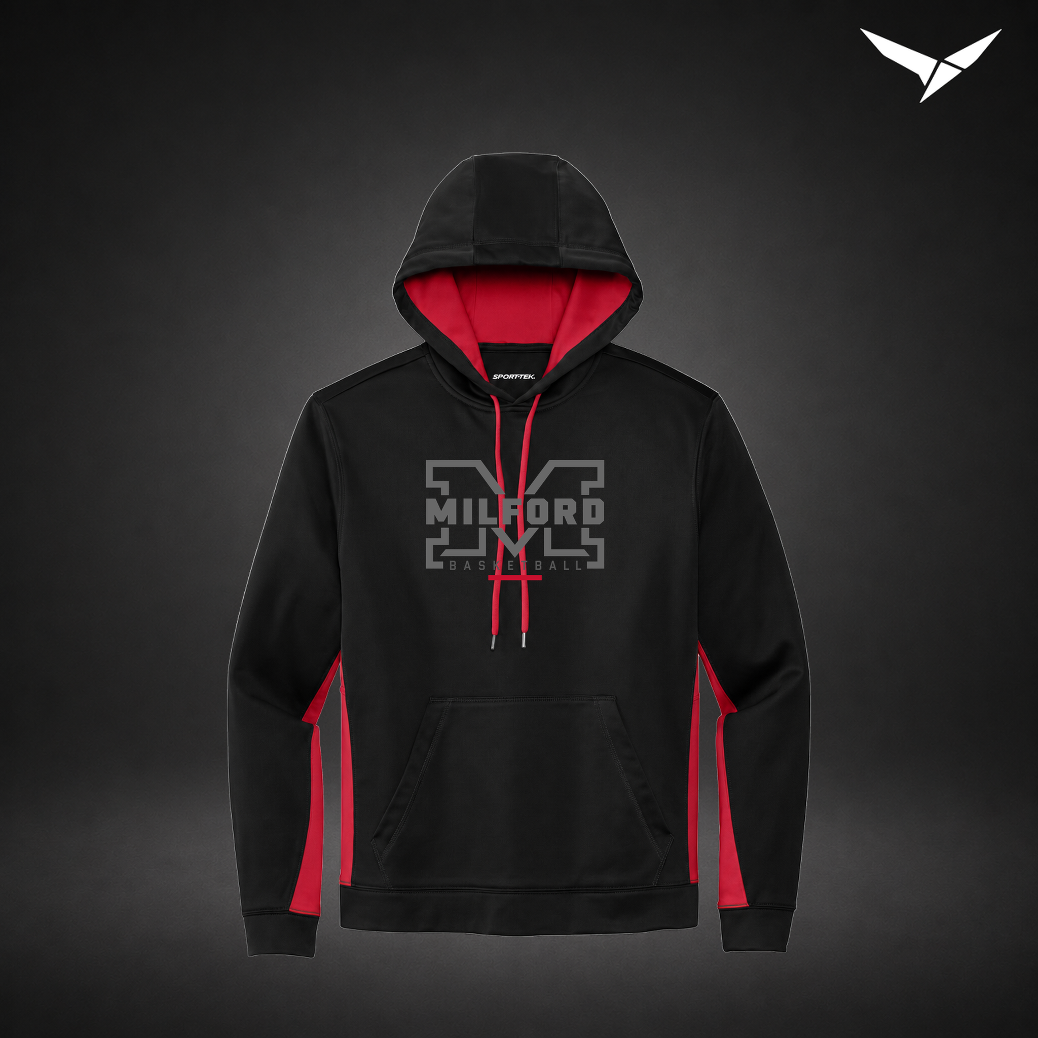 Milford Basketball Lockdown – Colorblock Hoodie — Black Red — Front
