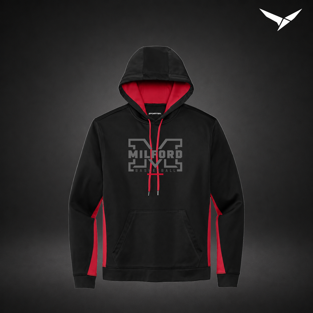 Milford Basketball Lockdown – Colorblock Hoodie — Black Red — Front