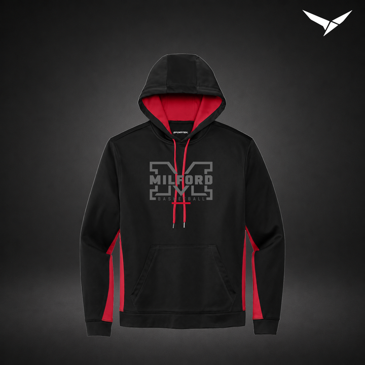 Milford Basketball Lockdown – Colorblock Hoodie — Black Red — Front