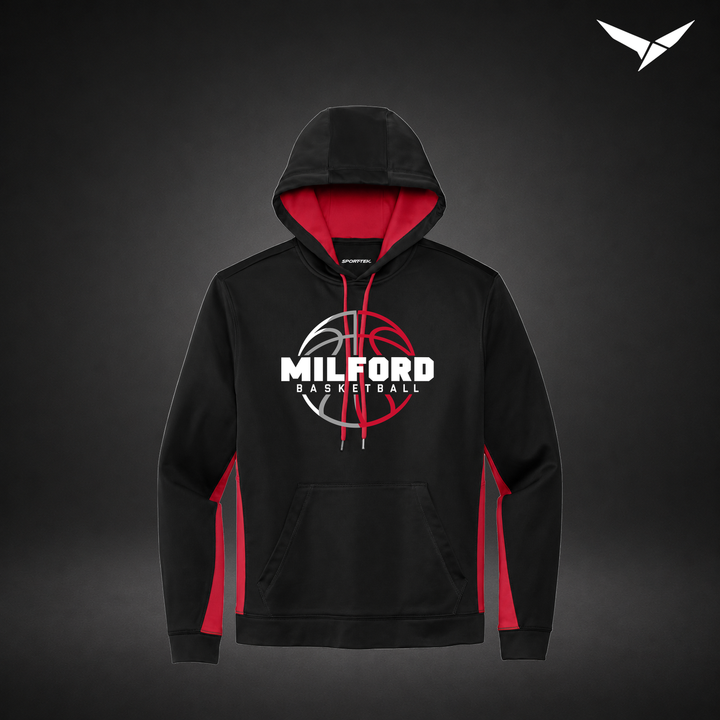 Milford Basketball Next Gen – Colorblock Hoodie — Black Red — Front