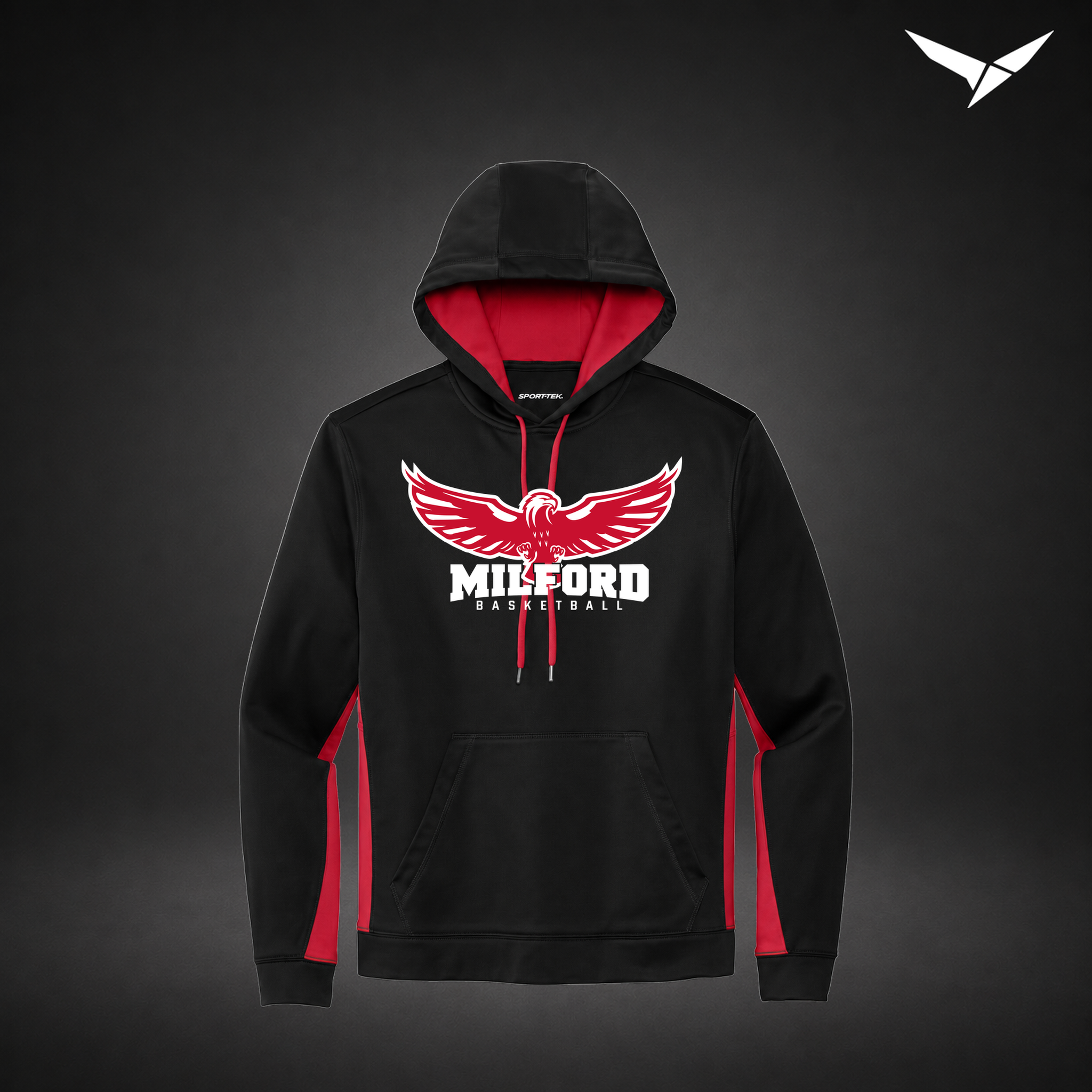 Milford Basketball Sixth Man – Colorblock Hoodie — Black Red — Front