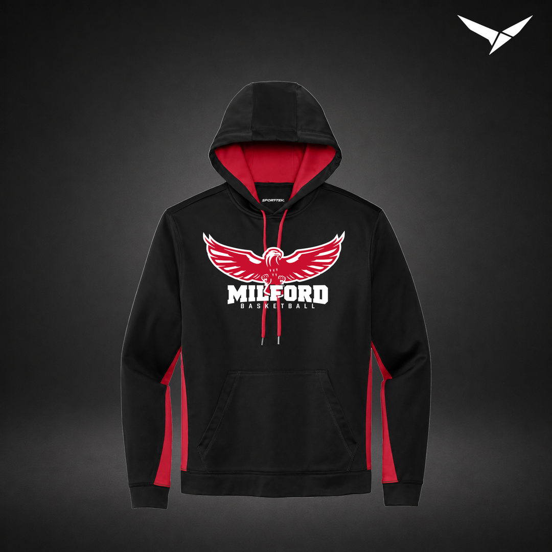 Milford Basketball Sixth Man – Colorblock Hoodie — Black Red — Front