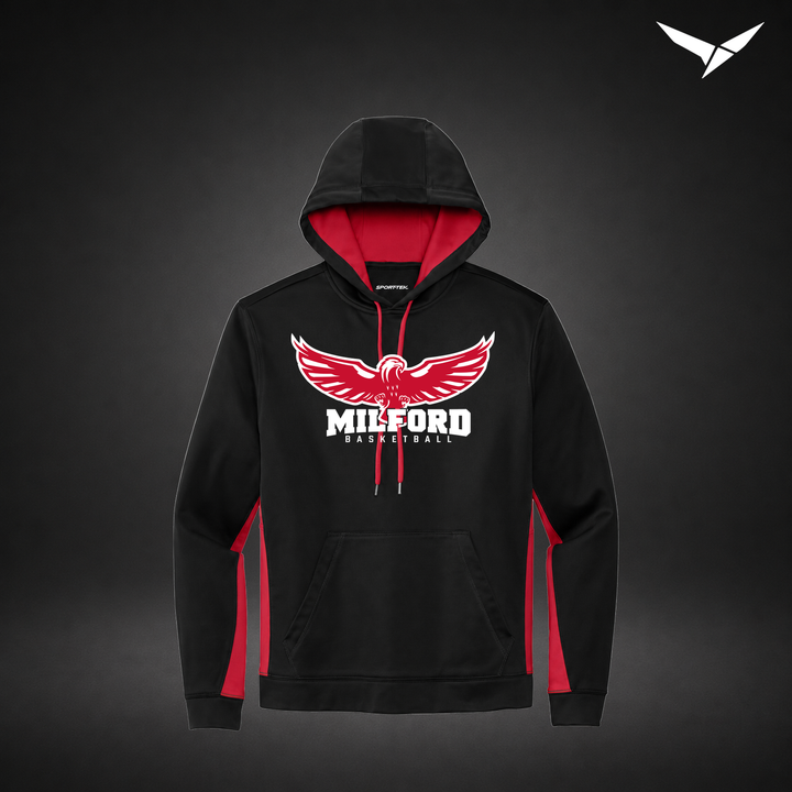 Milford Basketball Sixth Man – Colorblock Hoodie — Black Red — Front