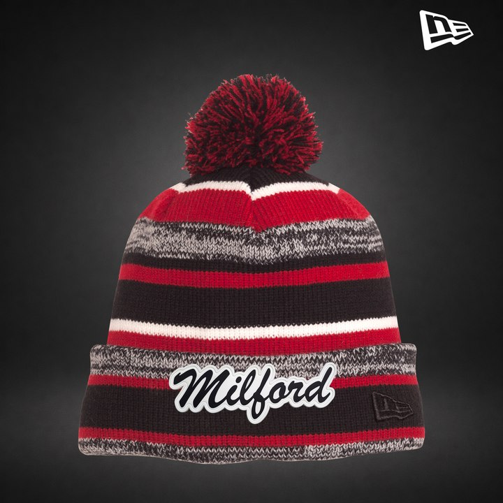 Milford Script Sideline Pom Beanie - Black / Scarlet